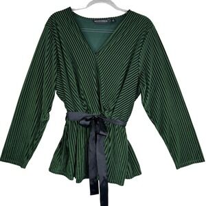 Brooke Shields Timeless Shirt Womens 1X Green‎ Stripe Wrap Tie Waist Long Sleeve